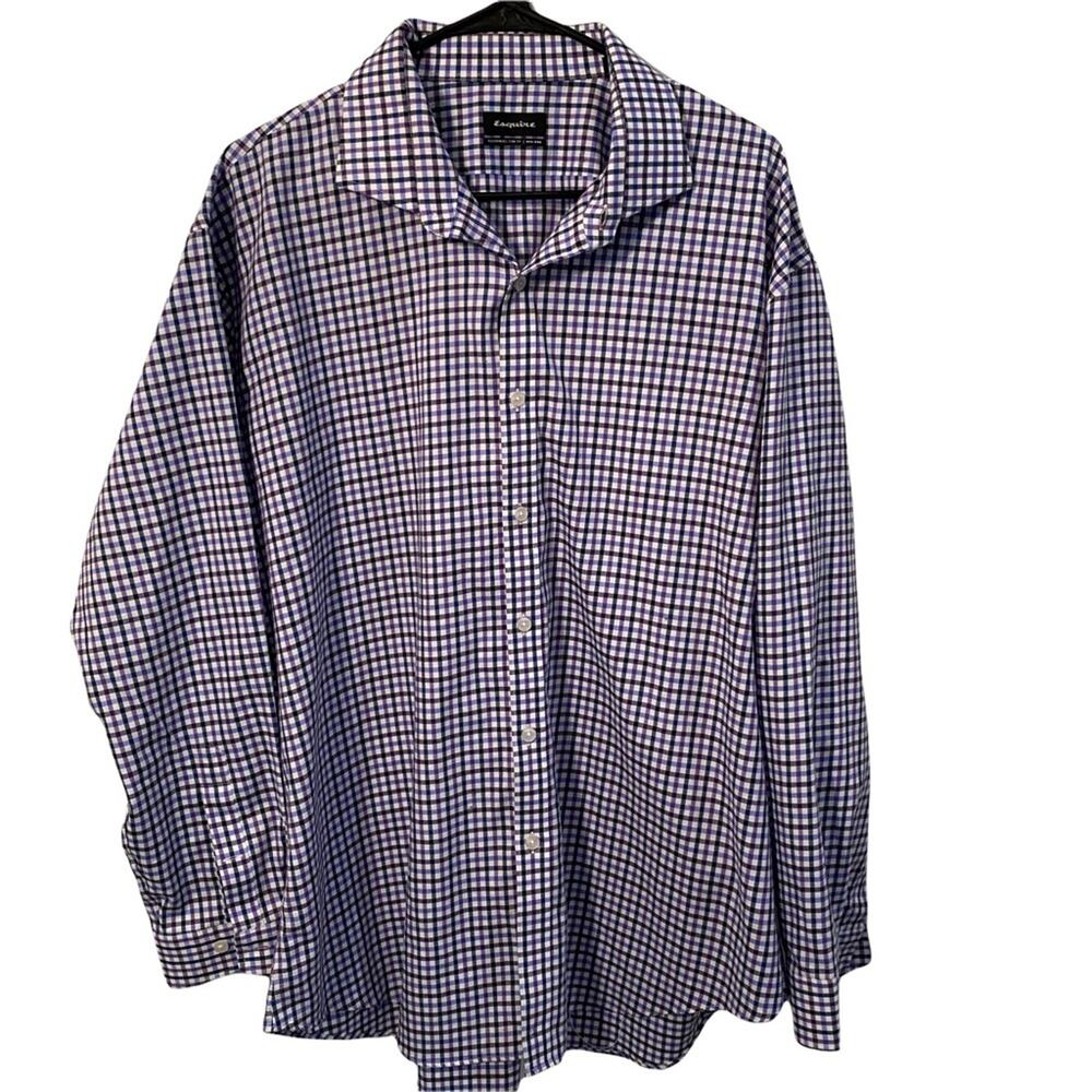 Esquire blue and purple gingham check mens long sleeve shirt 18 34/35 cotton